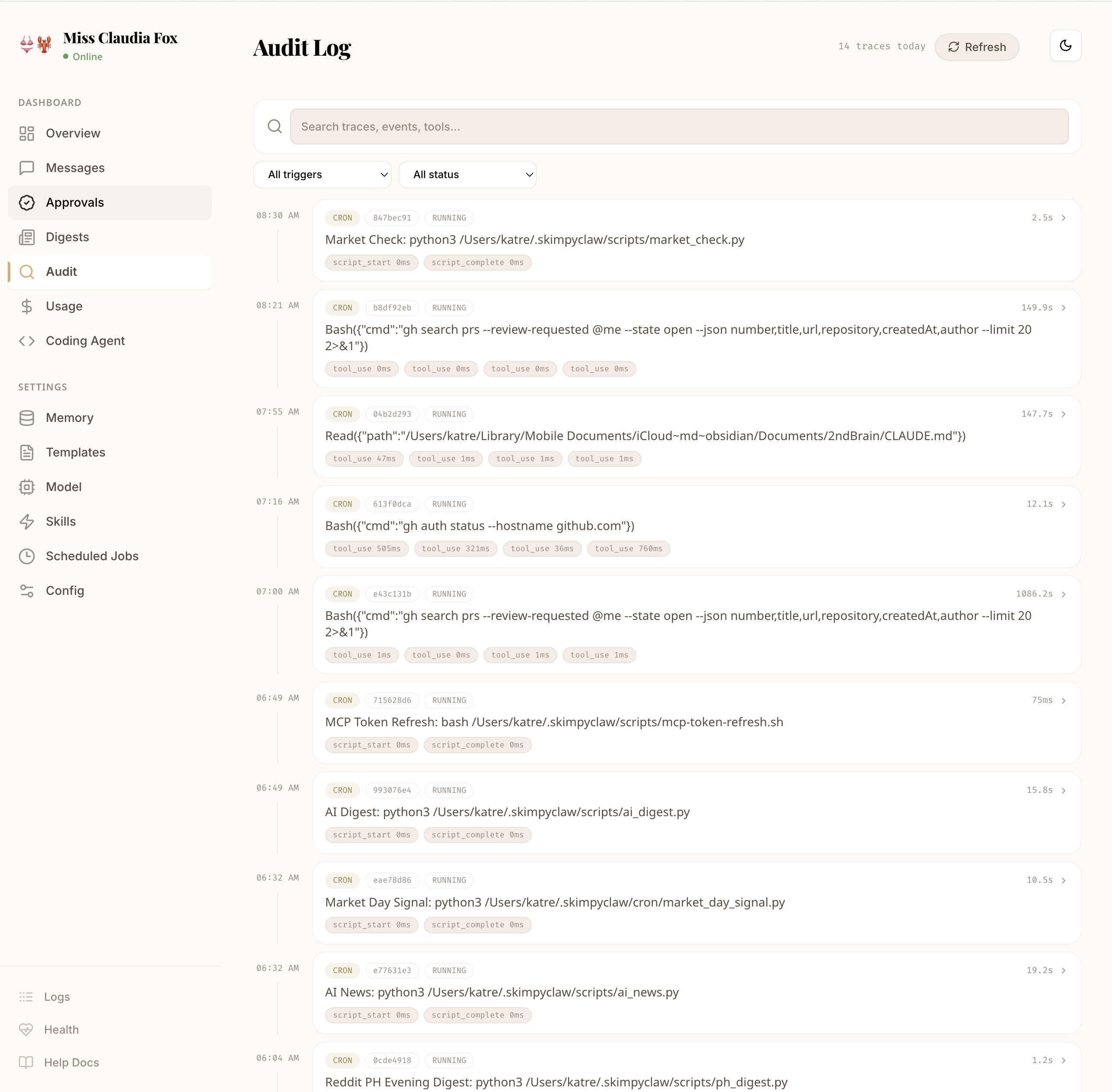 SkimpyClaw dashboard showing audit logs, tool calls, and cost tracking