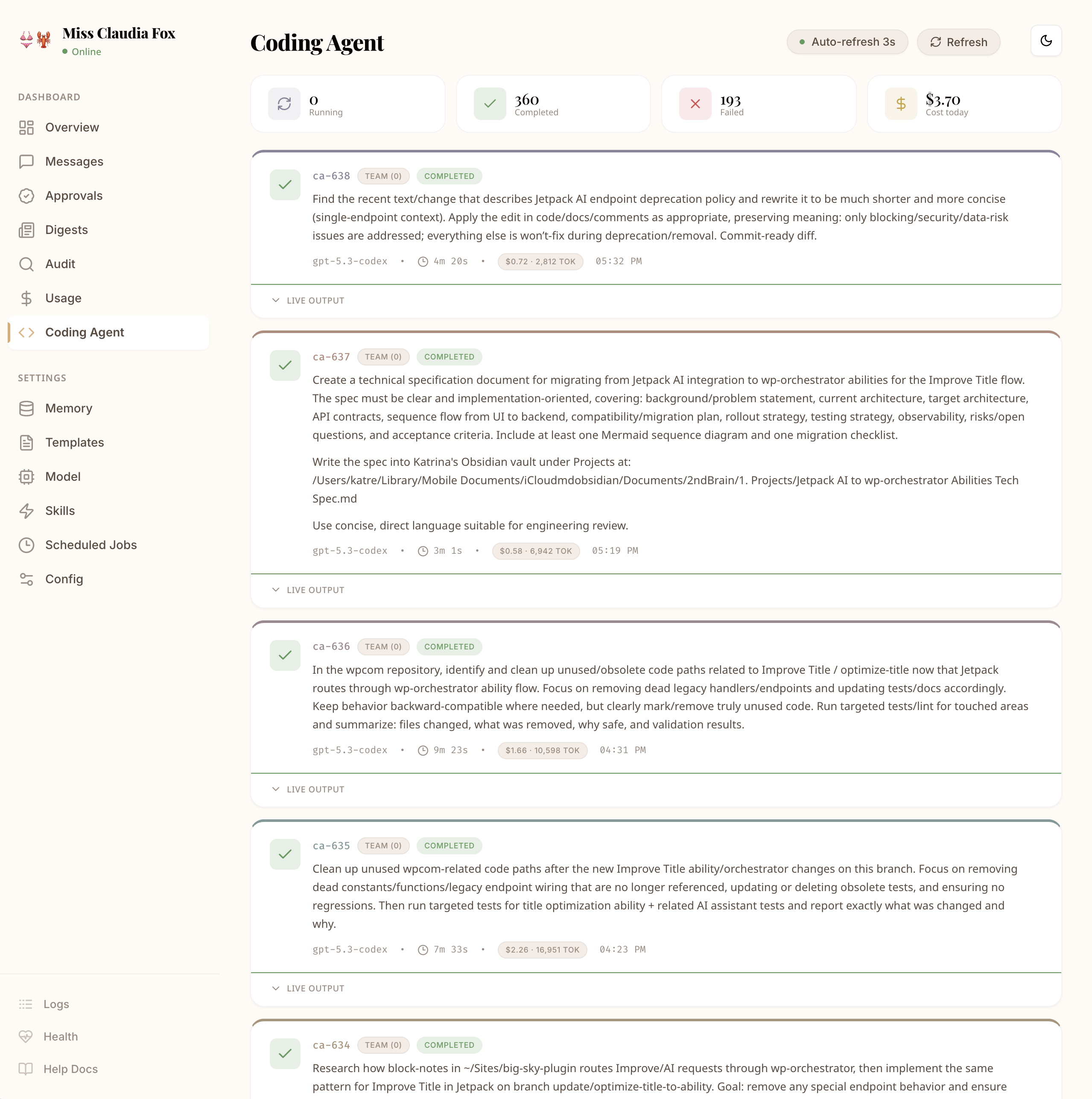 SkimpyClaw coding agent dashboard screenshot showing parallel task orchestration and validation results