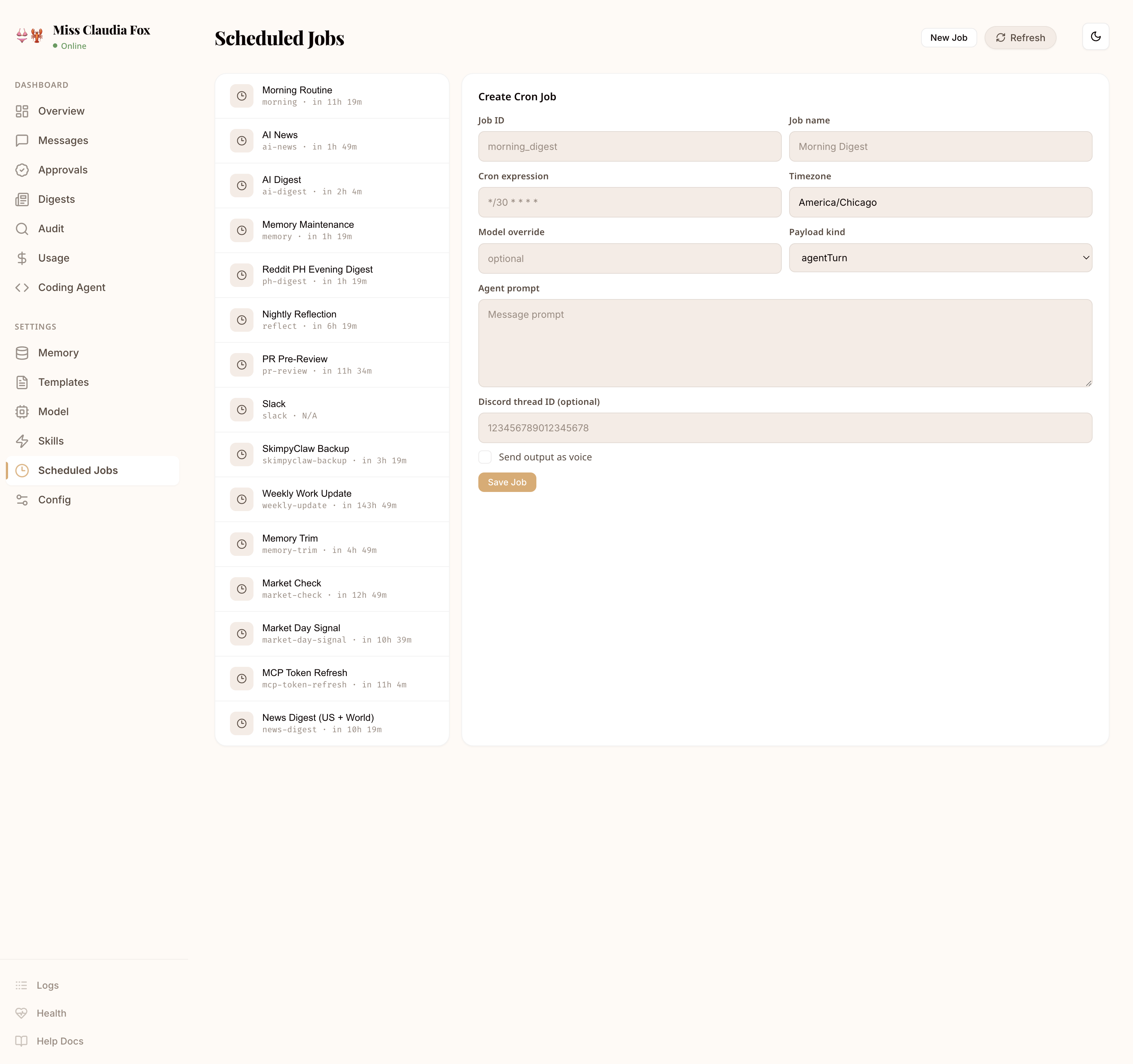 SkimpyClaw scheduled jobs dashboard showing cron configuration and execution history