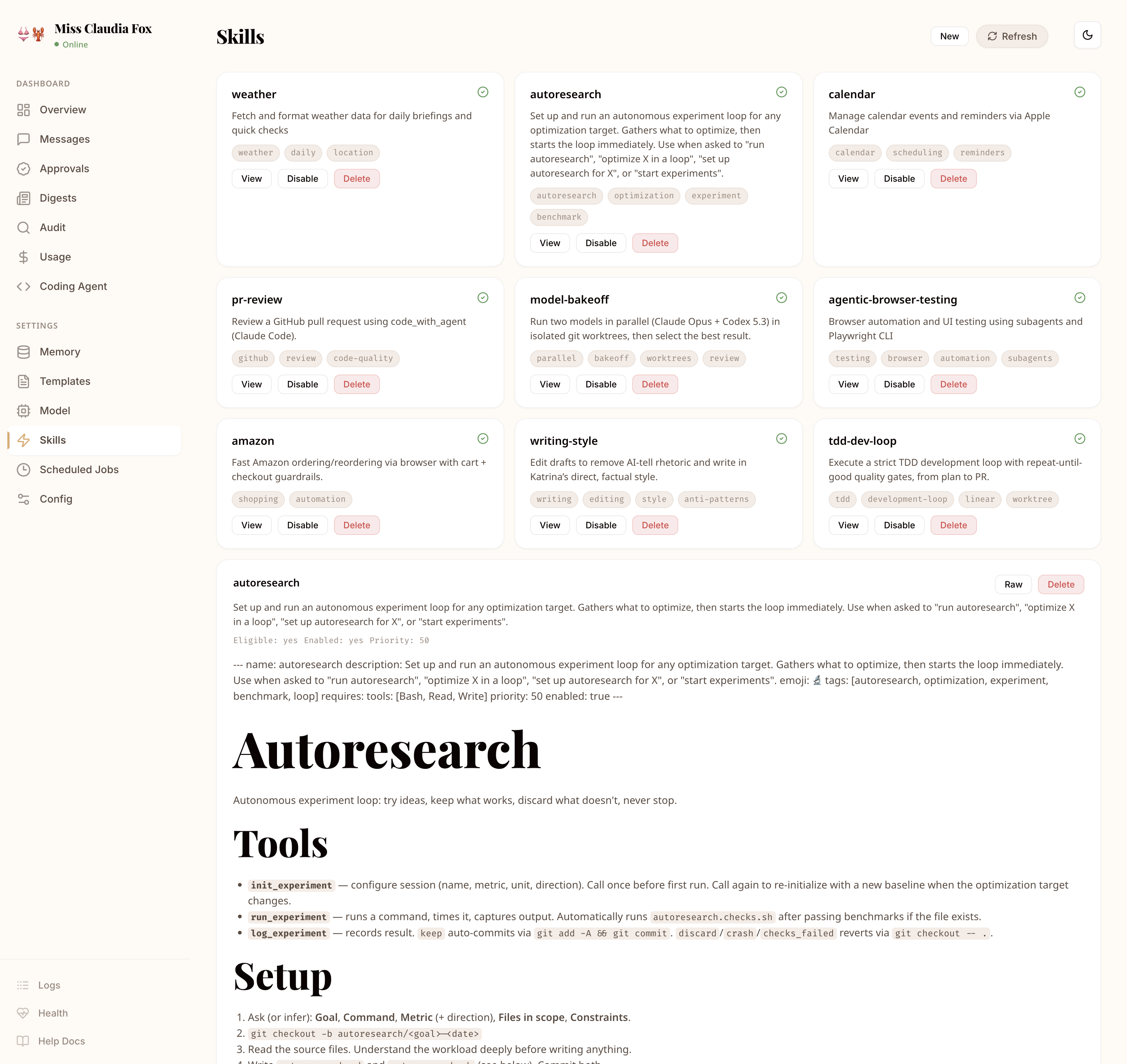 SkimpyClaw skills system showing trigger patterns and tool integrations